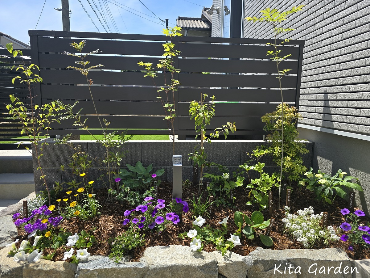 雑木を植えた石の花壇