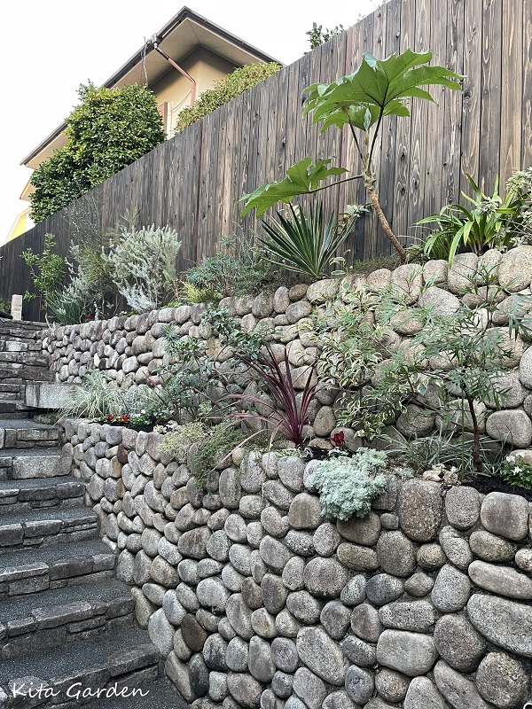 神戸市で施工したドライ植物を植えた石の花壇